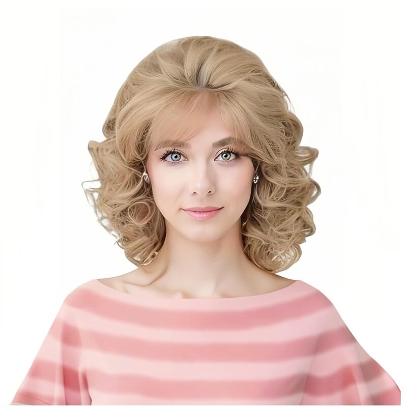 Vintage Short Blonde Beehive Wig with Bangs Curly Wavy Heat Resistant Synthetic Hair Wigs for Women fits 70s 80s Costume or Carnival and Party Halloween Wigs