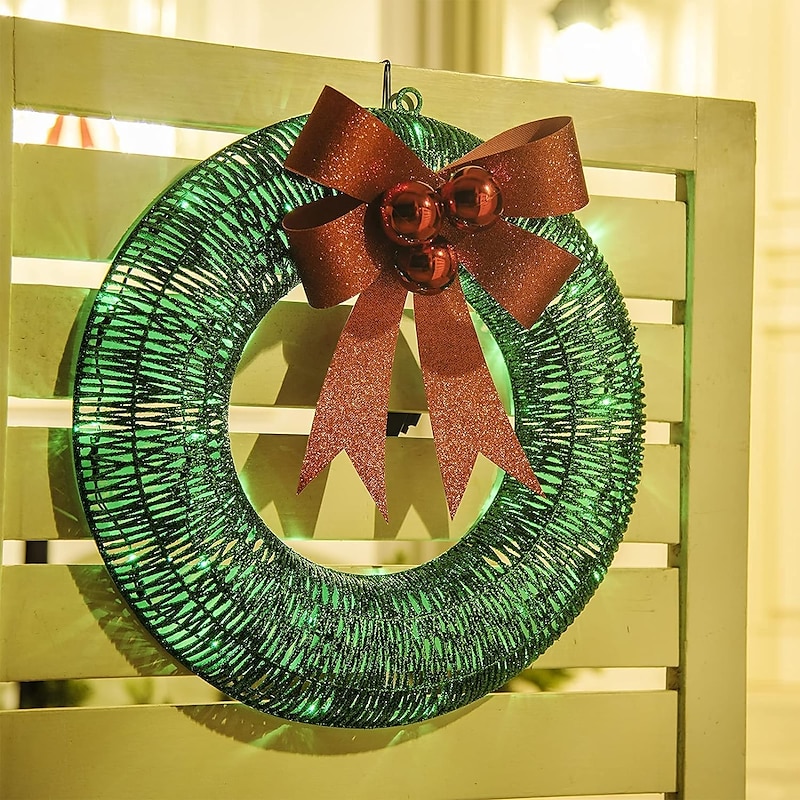 20inch Christmas Wreath with Light Iron Luminous Bow Garland LED Light-up Warm White Light Scene Decoration 30/40/50cm AA Battery Powered4