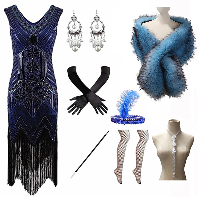 Set with Flapper Dress Feather Headband Faux Fur Long Gloves Necklace Earrings Cigarette Holder Shawl Outfits Vintage Cocktail Dress The Great Gatsby Women's Cosplay Costume New Year Christmas Party4
