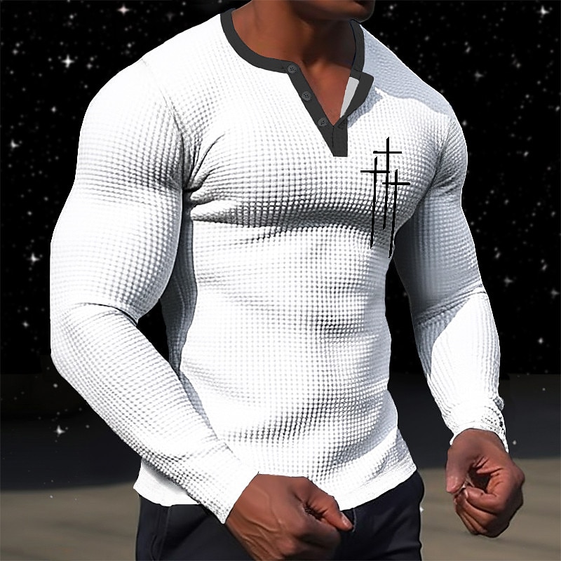 Men's Graphic Faith T Shirt Henley Shirt Waffle T Shirt Long Sleeve Daily Classic Casual Sports Outdoor Casual Going out Spring &  Fall Black White Green Khaki Gray V Neck Henley T-Shirt