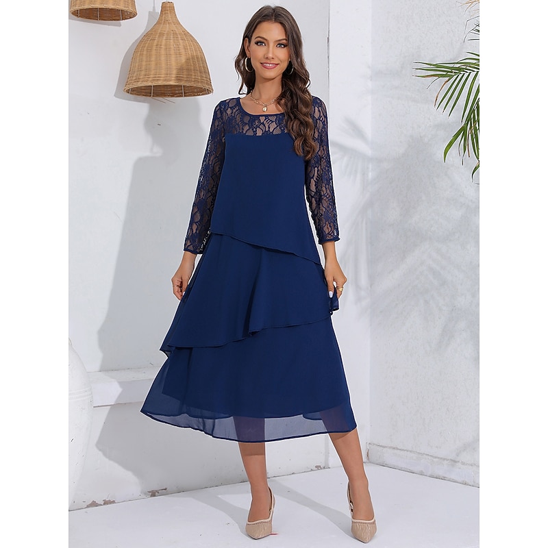 Women's Wedding Guest Cocktail Dress Lace Ruffle Elegant Vacation Spring Winter Midi Dress Crew Neck Long Sleeve Navy Blue3