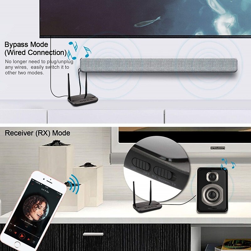 NFC 262ft/80m Long Range Bluetooth 5.0 Transmitter Receiver 3 in1 Music Audio Adapter Low Latency aptX HD Spdif RCA AUX 3.5mm TV4