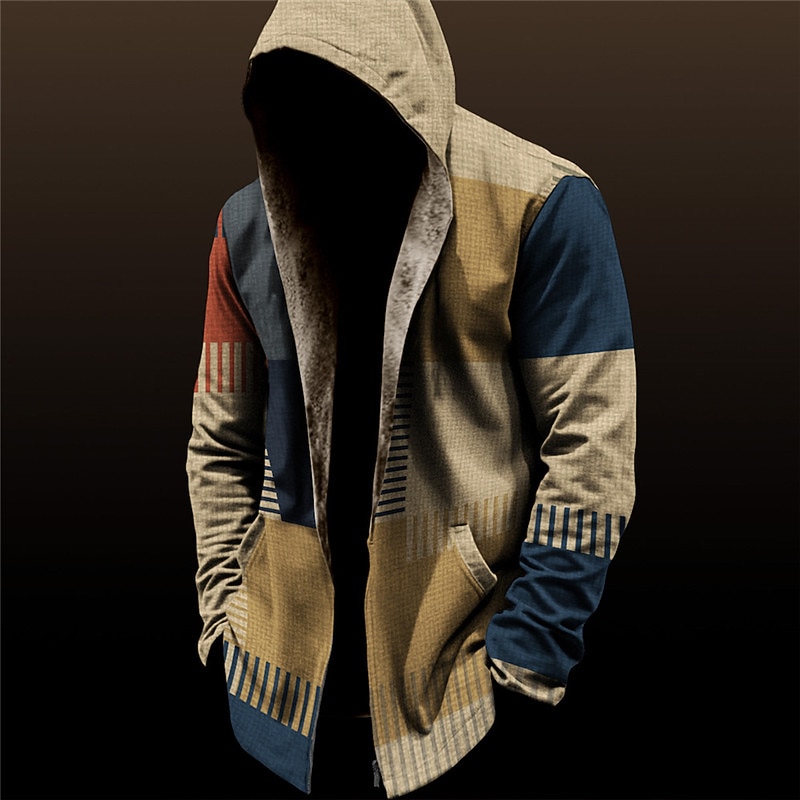 Men's Color Block Plaid / Check Winter Coat Fleece Jacket Coat Thermal Warm Vintage Daily Wear Going out Pocket Print Fall & Winter Hooded Long Sleeve Black Wine Red2