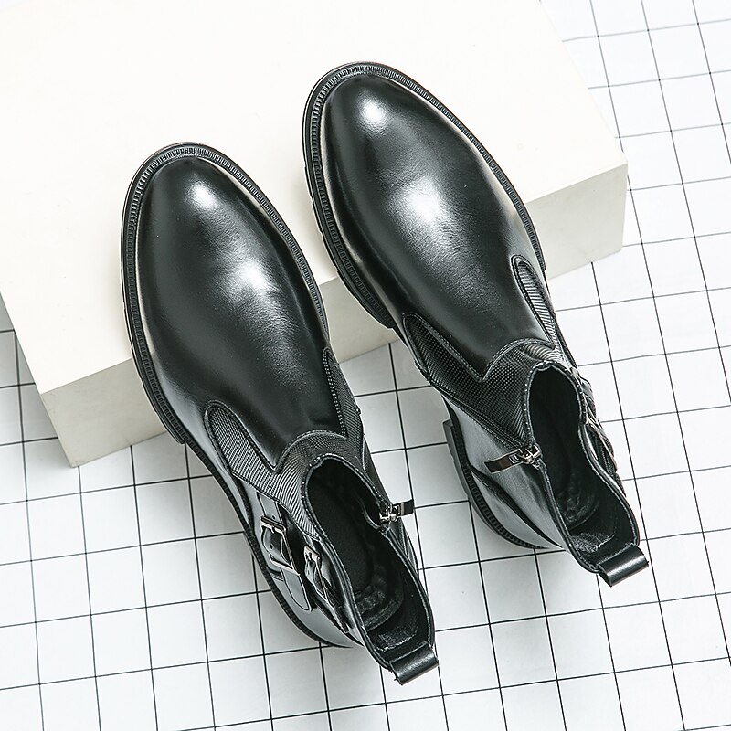 Men's Navy Blue Faux Leather Chelsea Boots, Double Buckle Ankle Boots with Elastic Side for Stylish Durable Wear 21