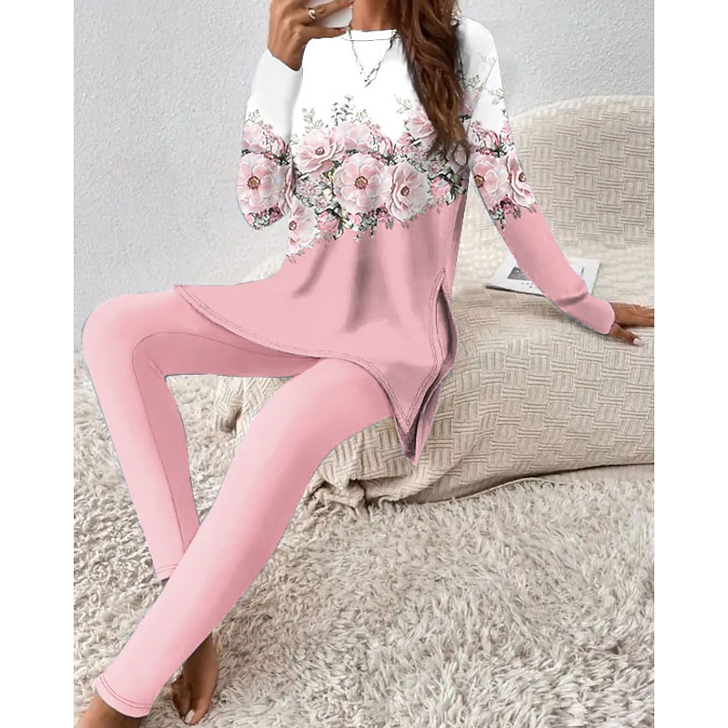 Women's Fashion T Shirt Pants Sets Pants Trousers Long Sleeve Round Neck Floral Print Casual Daily Pink Blue Spring &  Fall Regular Fit