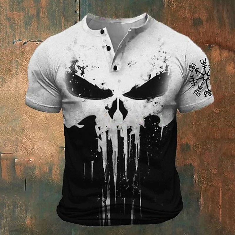 Men's Halloween Graphic Skull Viking T Shirt Henley Shirt Short Sleeve 3D Print Fashion Retro Vintage Classic Sports Outdoor Holiday Going out Spring & Summer White Red Blue Brown Green Henley Henley