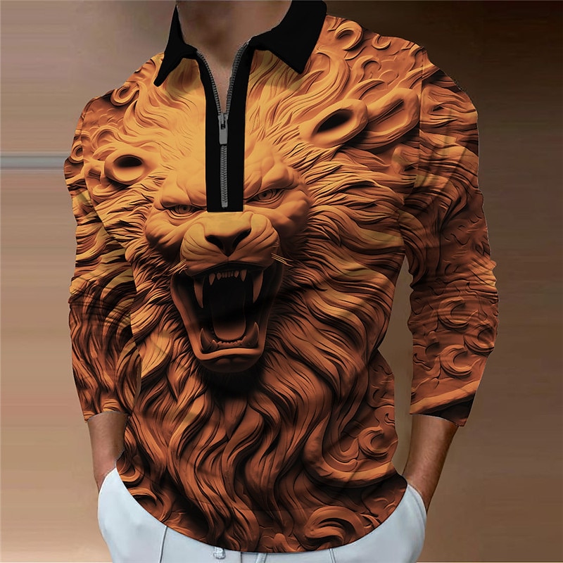 Men's Zip Polo Shirts Golf Shirt Long Sleeve Polo Shirts Collared Shirts Casual Funny Vacation Wear Party Outfits 3D Print Quarter Zip Polo Fall & Winter Orange Gray2