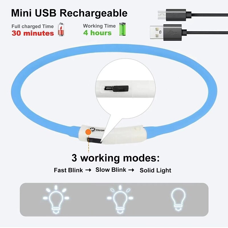 Silicone Dog LED Collar Rechargeable 3 Mode Light Quick Slow Solid More Lighter Softer Night Safety Flashing 70cm Length4