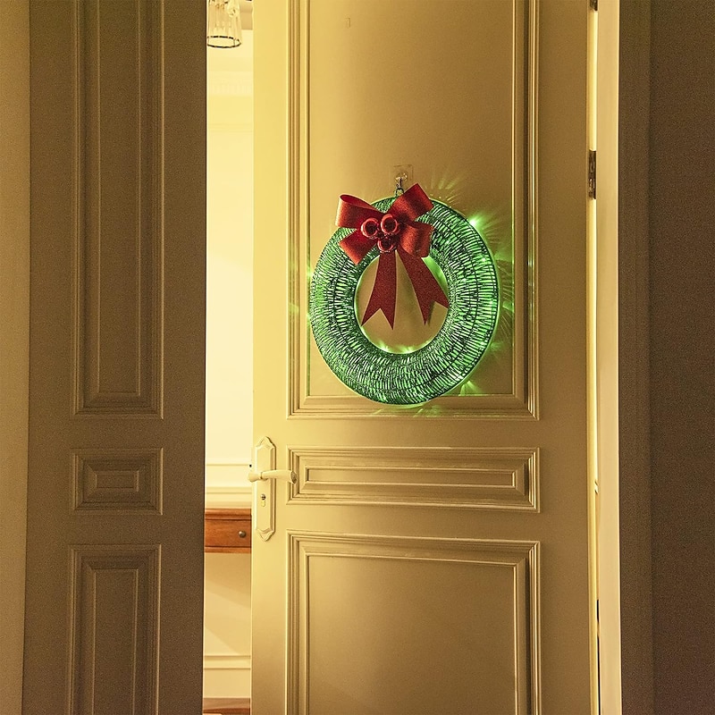 20inch Christmas Wreath with Light Iron Luminous Bow Garland LED Light-up Warm White Light Scene Decoration 30/40/50cm AA Battery Powered3