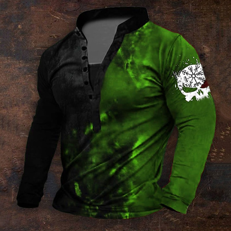 Men's Halloween Graphic Viking Henley Shirt Long Sleeve 3D Printing Daily Retro Vintage Casual Holiday Going out Festival Spring &  Fall Blue Red Purple Green Henley Henley T-Shirt3