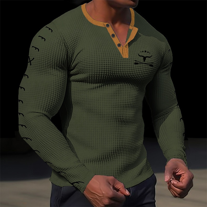 Men's Graphic Cowboy Henley Shirt Waffle T Shirt Long Sleeve 3D Print Designer Retro Vintage Casual Sports Outdoor Holiday Festival Spring &  Fall Black White Brown Army Green Henley Henley T-Shirt3
