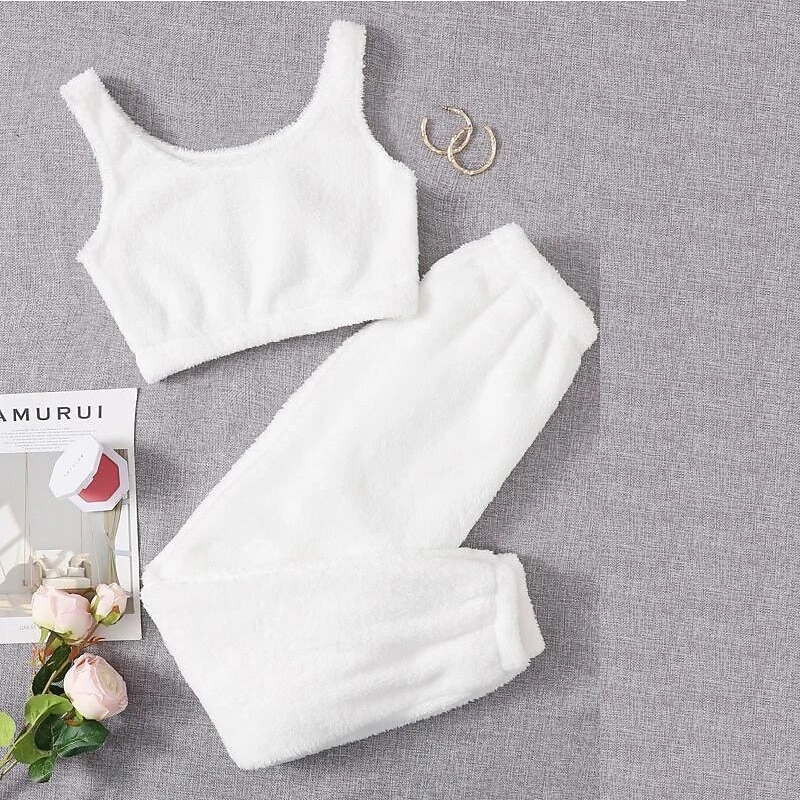 Solid Fuzzy Lounge Set Warm Tank Crop Top & Elastic Waistband Pants 2 PCS Women's Loungewear & Sleepwear Nightwear3