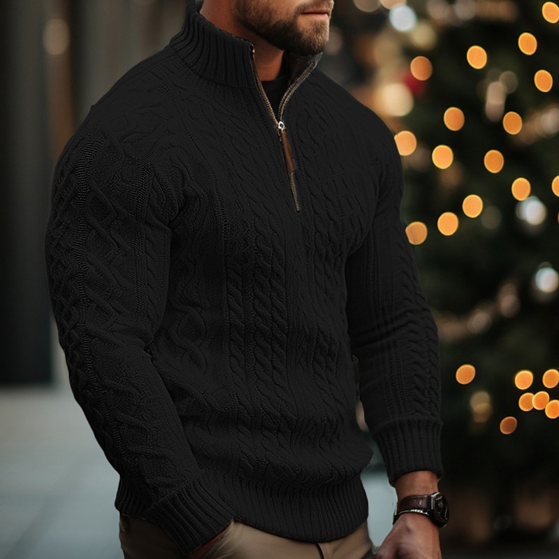 Men's Christmas Sweaters Pullover Sweater Jumper Cable Knit Regular Tops Knitted Quarter Zip Plain Stand Collar Modern Contemporary Xmas Work Clothing Apparel Winter Black White M L XL3