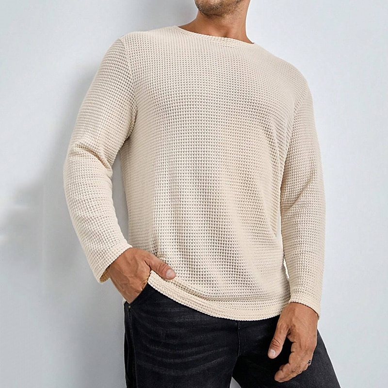 Men's Waffle Tee T Shirt Waffle Knit Tee Tee Top Long Sleeve Crew Neck Spring &  Fall Plain Fashion Designer Basic Knit Vacation Street Going out White Khaki Top Tee for Men3