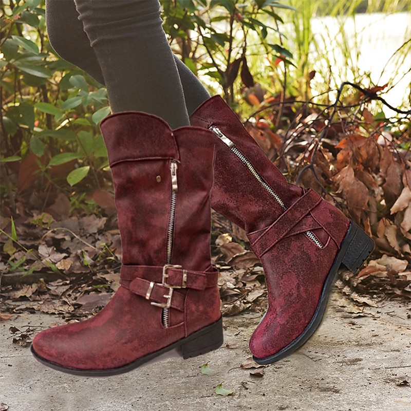 Women's Biker Mid-Calf Boots – Red Faux Leather Motorcycle Boots with Double Buckle Straps and Side Zipper, Perfect for Casual Fall Outfits, Outdoor Adventures, and Urban Streetwear2