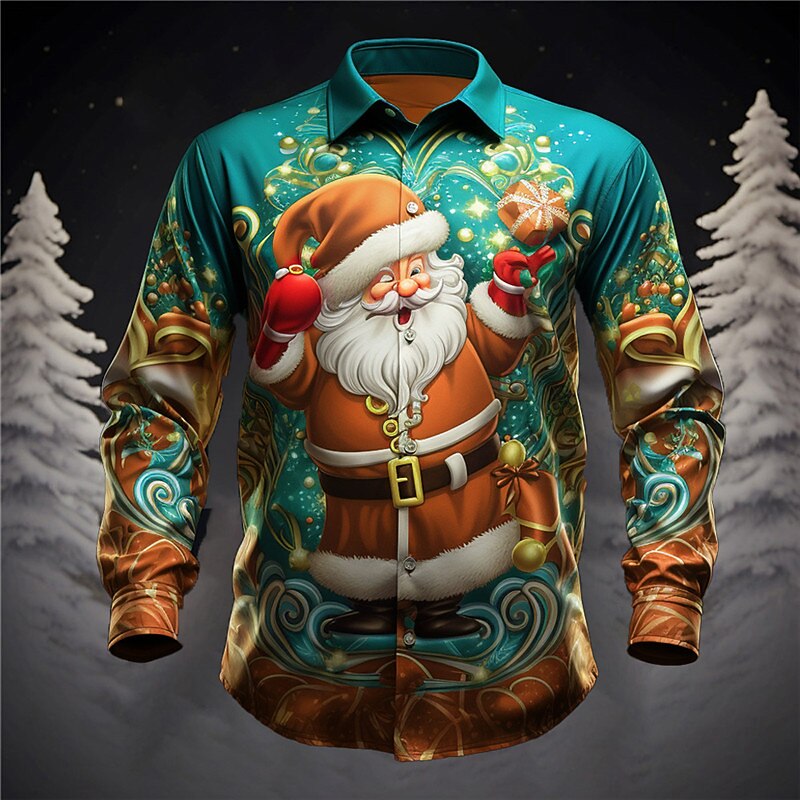 Christmas Men's Santa Claus Printed Shirts Santa Claus Casual Daily Wear Going out Fall & Winter Turndown Long Sleeve Violet, Burgundy, Blue S, M, L 4-Way Stretch Fabric Christmas4