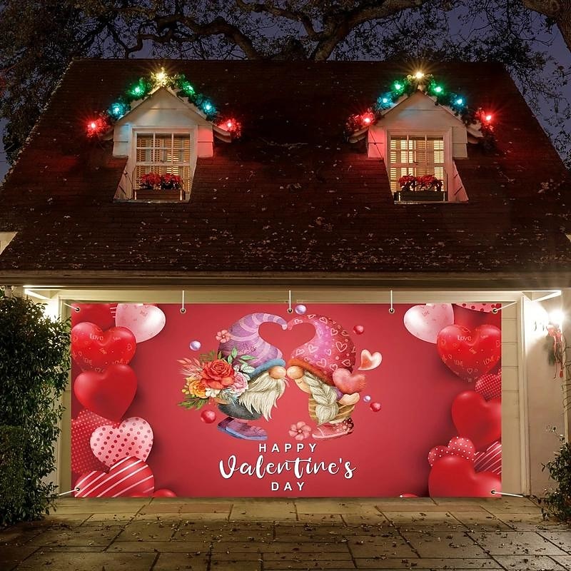 Valentine's Day Outdoor Decorations Garage Door Cover Banner Gnomes Large Backdrop Decoration for Outdoor Garage Door Home Wall Decorations Event Party Parade3