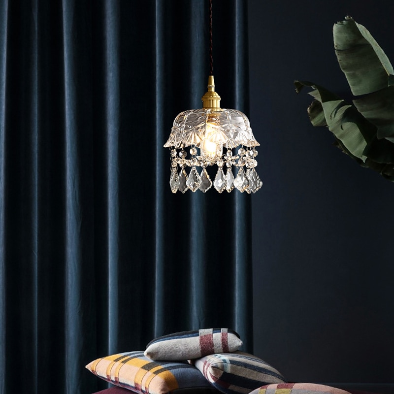 Crystal Pendant Light with Clear Glass Shade Gold Brushed Brass Finish Modern Kitchen Island Hanging Light Adjustable Chandelier for Hallway Dining Living Room 1 Light 110-240V