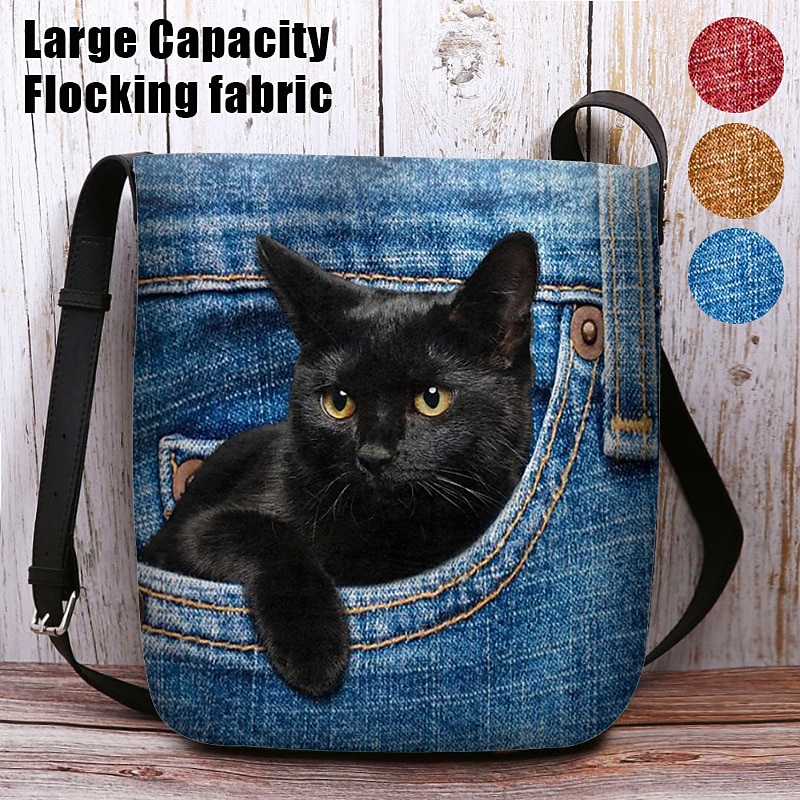 Cute Black Cat Denim Print Crossbody Bag – Casual Women's Shoulder Bag with Adjustable Strap