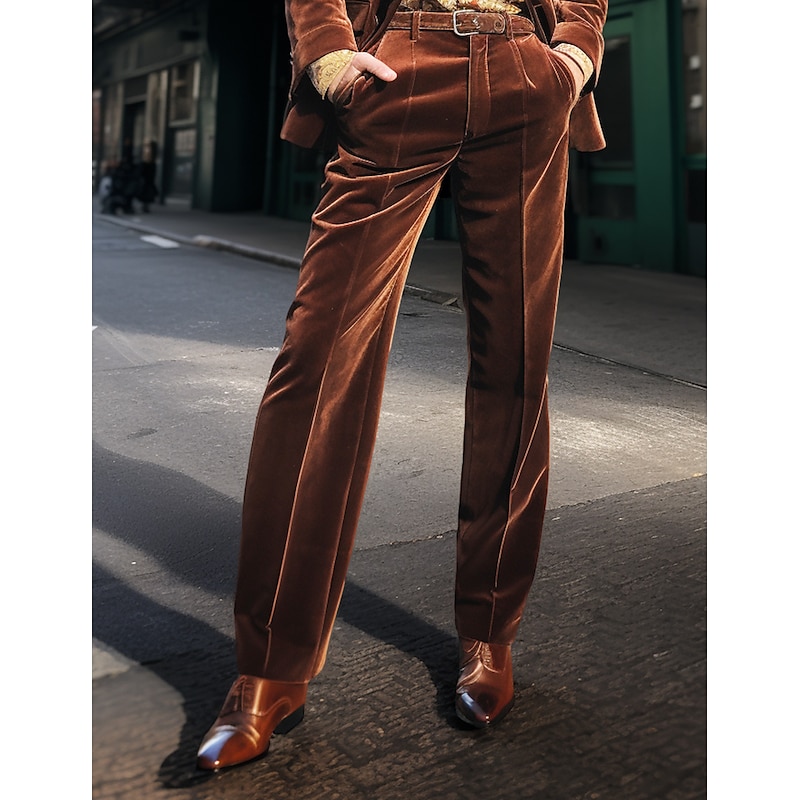 Men's Dress Pants Bell Bottom Trousers Suit Pants Velvet Pants Front Pocket Straight Leg Plain Comfort Business Daily Holiday Fashion Chic & Modern Black Brown