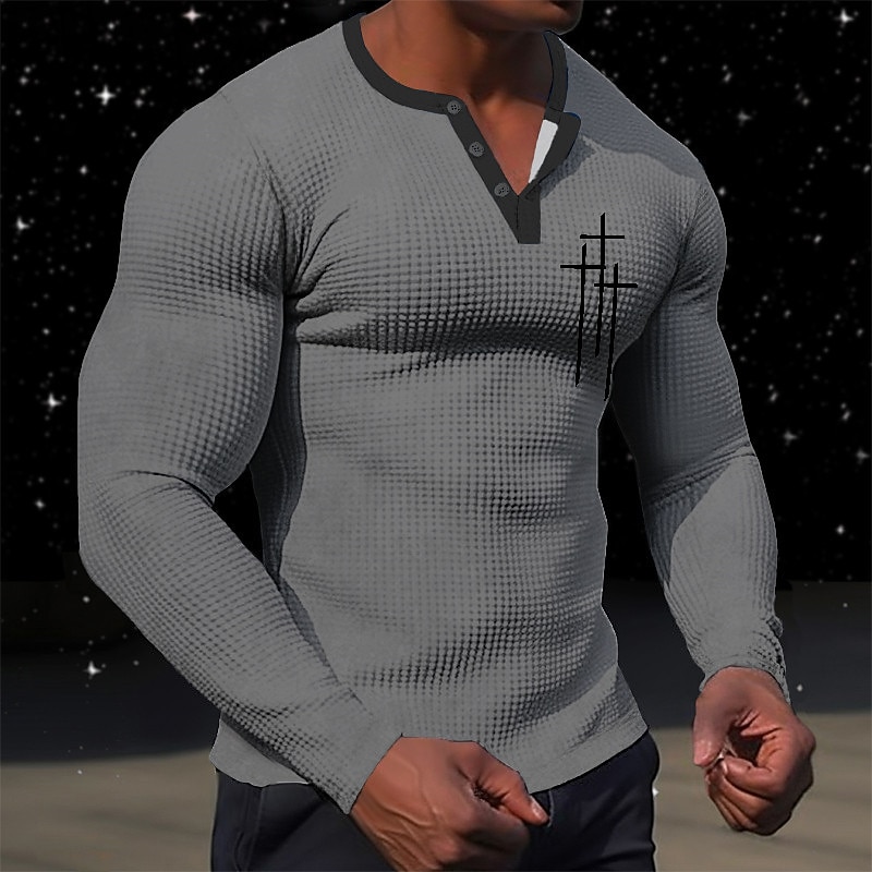 Men's Graphic Faith T Shirt Henley Shirt Waffle T Shirt Long Sleeve Daily Classic Casual Sports Outdoor Casual Going out Spring &  Fall Black White Green Khaki Gray V Neck Henley T-Shirt4