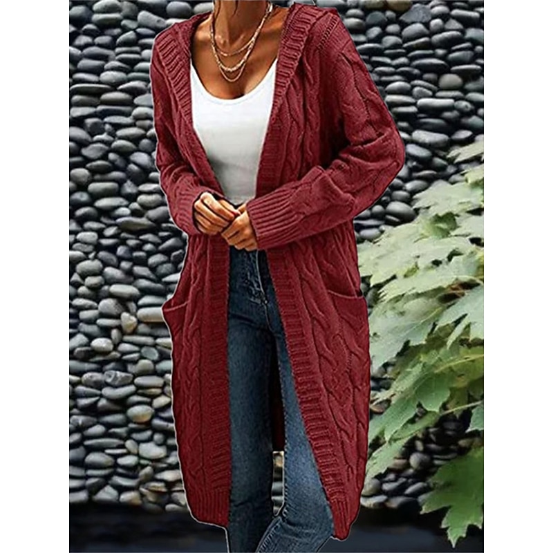 Women's Cardigan Fashion Streetwear Casual Solid Color Cable Hooded Pocket Knitted Long Sleeve Regular Tops Knit Outdoor Daily Going out Wine Army Green Fall Winter3