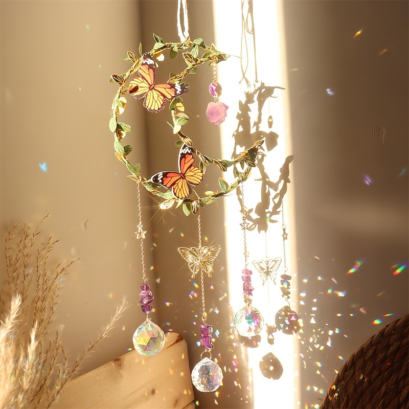 1pc Amethyst Star Moon Love Crystal Sun Catcher Leaf & Butterfly Crystal Hanging Prism Sun Catchers For Window Home Decor