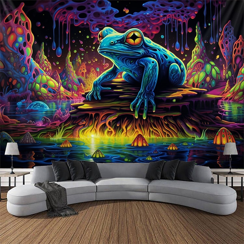 Blacklight Tapestry UV Reactive Glow in the Dark Glow Party Neon Trippy Misty Forest Frog Hanging Tapestry Wall Art Mural for Living Room Bedroom2