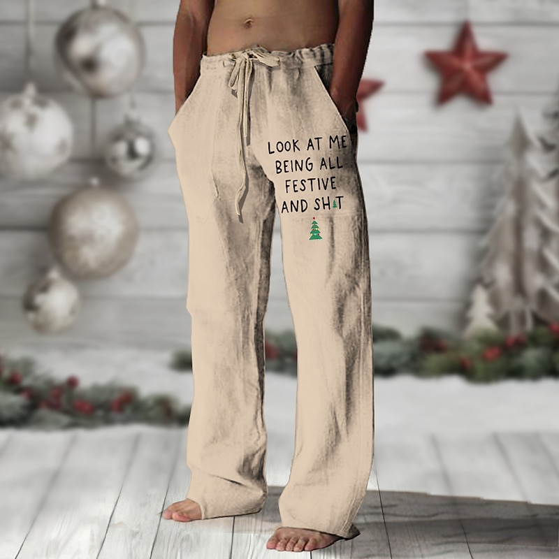 Ugly Christmas Men's Tree Letter Merry Christmas Pants Trousers Mid Waist Vintage Vacation Daily Wear Going out Spring Fall Black White Green2