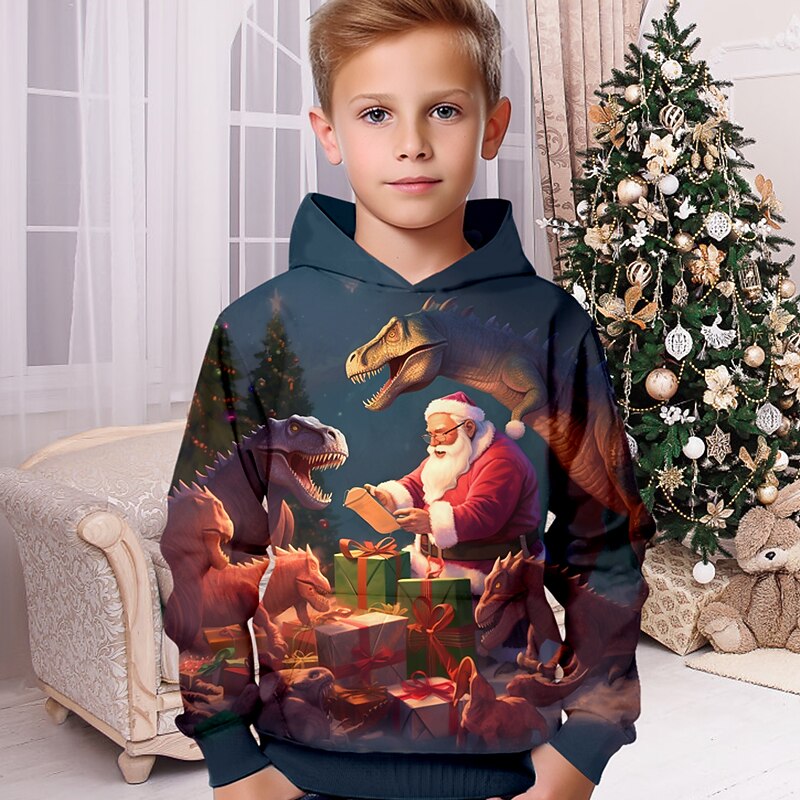 Boys 3D Santa Claus Dinosaur Hoodie Pullover Long Sleeve 3D Print Fall Winter Fashion Streetwear Cool Polyester Kids 3-12 Years Outdoor Casual Daily Regular Fit4