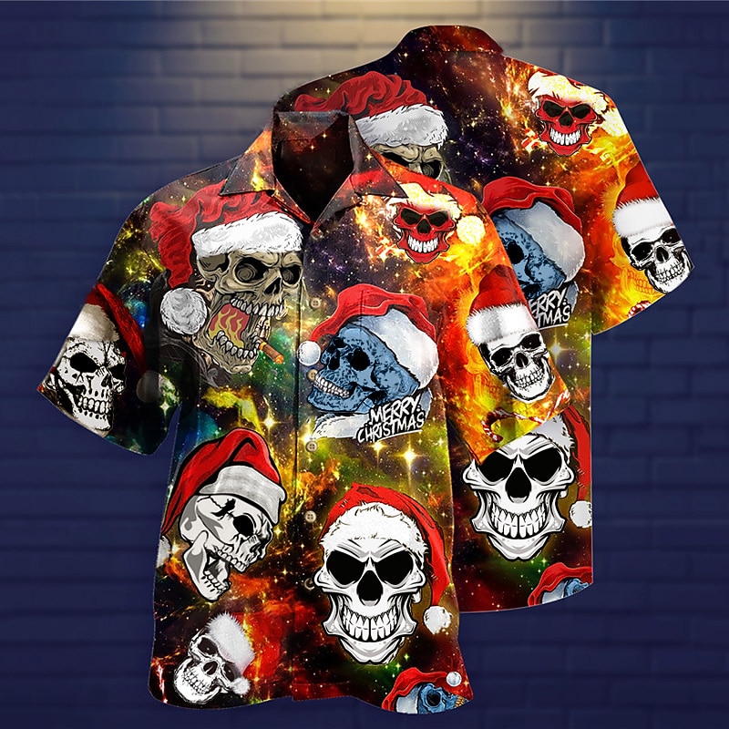Christmas Men's Funny Christmas Printed Shirts Skull Tree Casual Outdoor Street Fall Turndown Short Sleeve Red S M L Shirt2