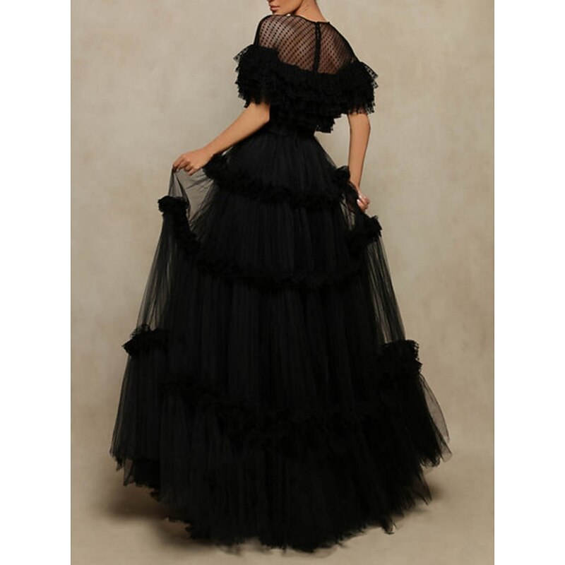 A-Line Prom Dresses Elegant Dress Formal Floor Length Short Sleeve Jewel Neck Tulle with Pleats Ruffles2