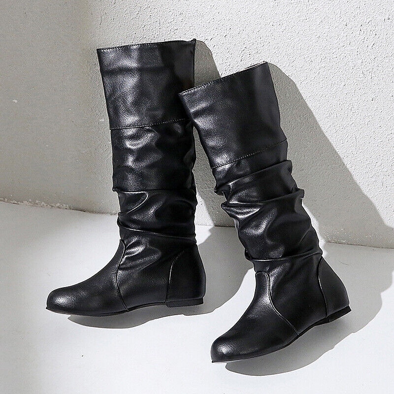 Women's Black Slouchy Knee-High Boots - Casual Flat Heel Faux Leather Boots for Fall and Winter2
