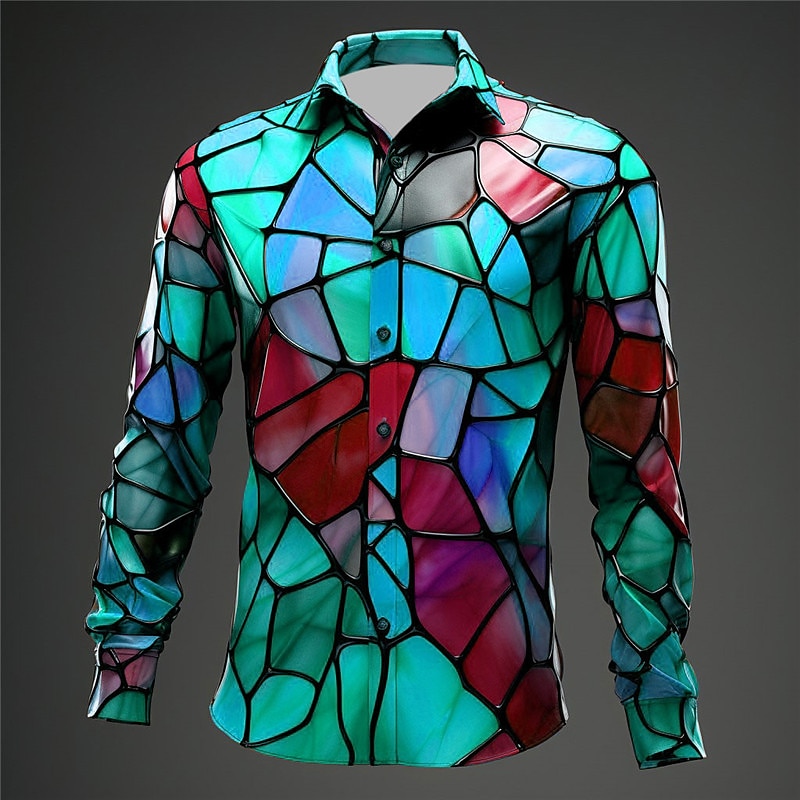 Men's Colorful Color Block Shirt Long Sleeve Artistic Abstract Daily Wear Going out Fall & Winter Turndown Print Button-Down Yellow Red Blue Mint Green Orange3