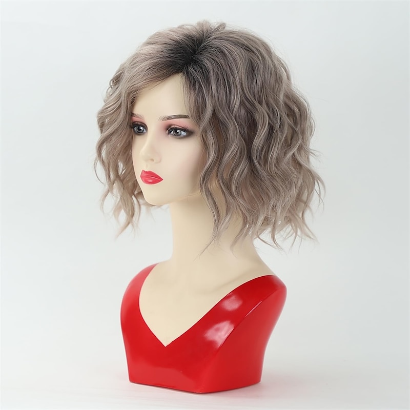 Wavy Bob Wig Short Dark Grey Blonde Curly Bob Wigs for Women Chin Length Side Part Wavy Wigs for Girls Natural Looking Short Hair Wig for Daily Party Cosplay3