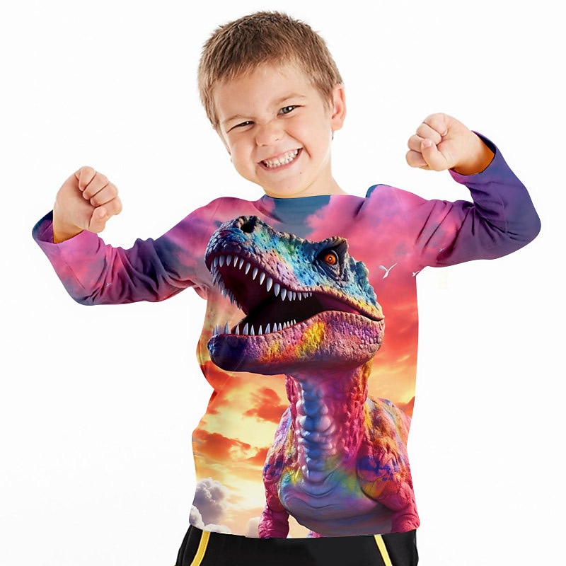 Boys 3D Dinosaur Tee Shirts Long Sleeve 3D Print Fall Winter Sports Fashion Streetwear Kids 3-12 Years Crew Neck Outdoor Casual Daily Regular Fit3