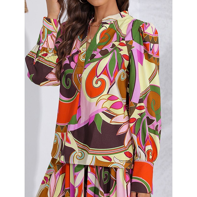 Tencel Color Block Floral V Neck Shirt Blouse3