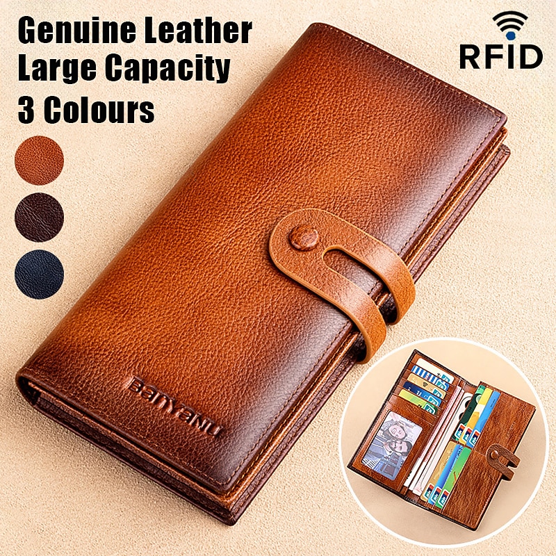 Men's Genuine Leather Long Wallet – Vintage Bifold Clutch with Card Slots & Coin Pocket for Business & Casual Use