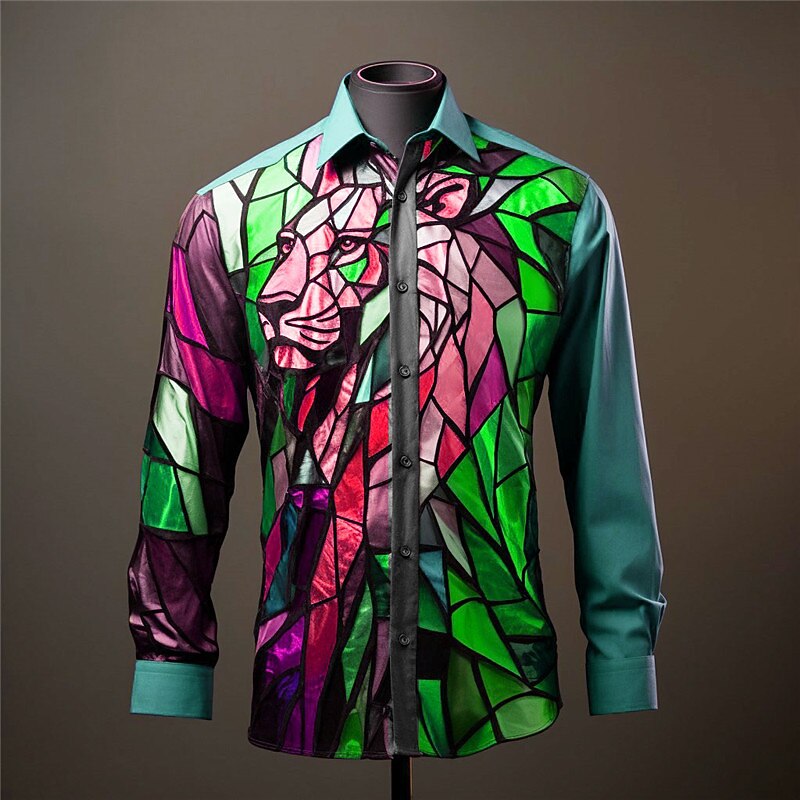 Men's Color Block Lion Colorful Shirt Button Up Shirt Long Sleeve Artistic Abstract Daily Wear Going out Fall & Winter Turndown Print Button-Down Yellow Blue Purple Fuchsia2