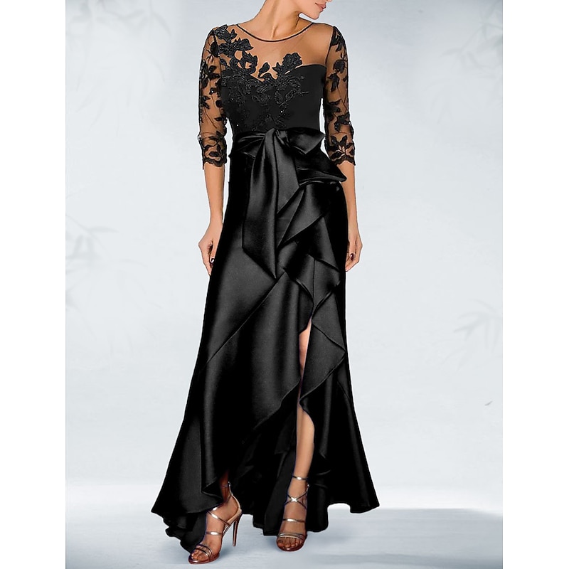 A-Line Mother of the Bride Cocktail Dresses Black Dress Wedding Guest Fall Asymmetrical 3/4 Length Sleeve Jewel Neck Satin with Bow(s) Beading Appliques Dresses