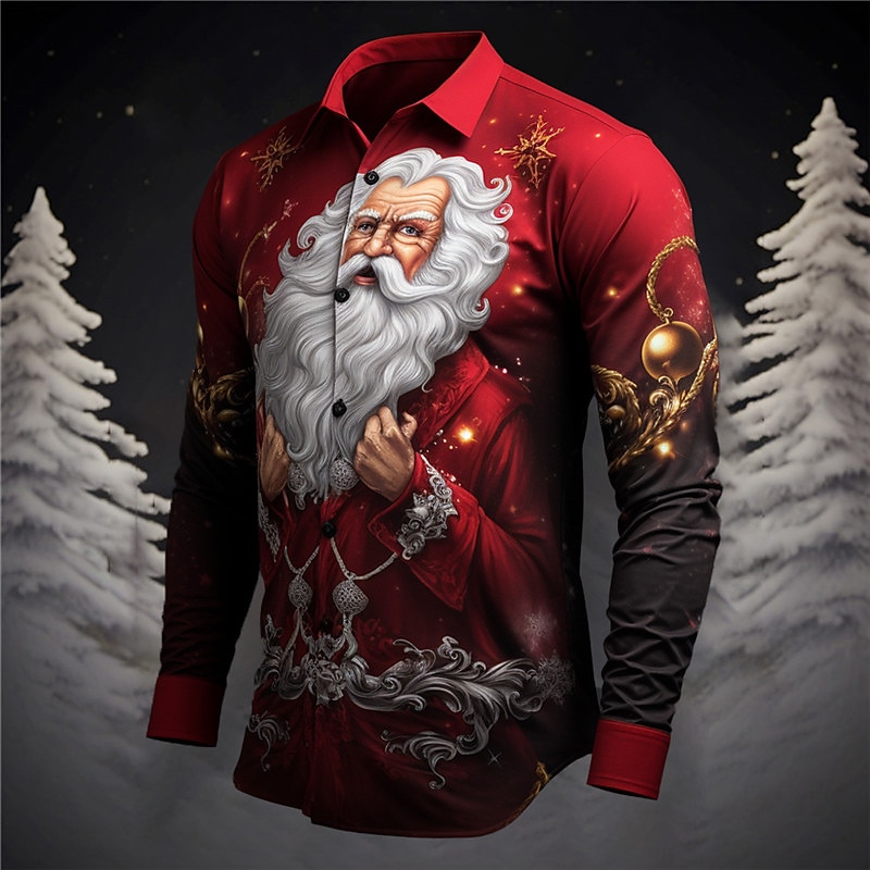 Christmas Men's Santa Claus Printed Shirts Santa Claus Casual Daily Wear Going out Fall & Winter Turndown Long Sleeve Gray+Purple, Yellow, Burgundy S, M, L 4-Way Stretch Fabric Shirt