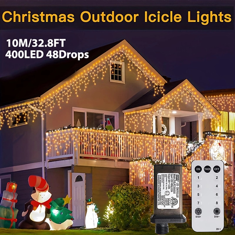 1 Pack Christmas 10 Meters 400 LEDs Icicle Lights Outdoor Christmas Lights with 8 Modes Timers Remote Waterproof, Plug in Connectable Fairy String Lights for Outside and Indoor House
