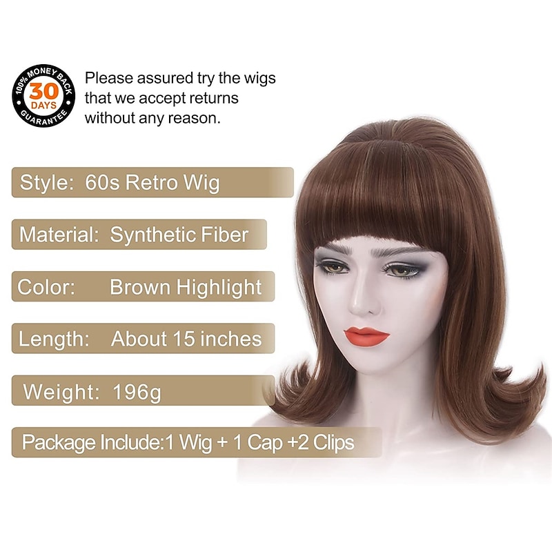 Brown 60s Retro Beehive Wigs for Women 70s Classic Style Cosplay Wig With Bang for Party Carnival Use Costume Cosplay Brown Highlight Halloween Wigs2