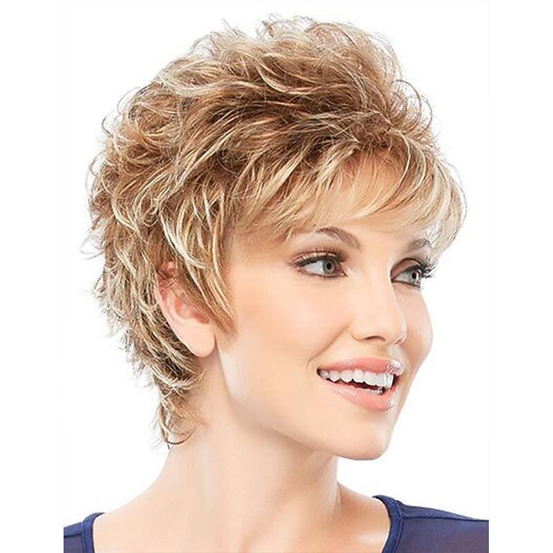 Short Mixed Blonde Pixie Cut Wigs for White Women Wavy Layered Blonde Mixed Auburn Shaggy Synthetic Hair Replacement Wig with Bangs