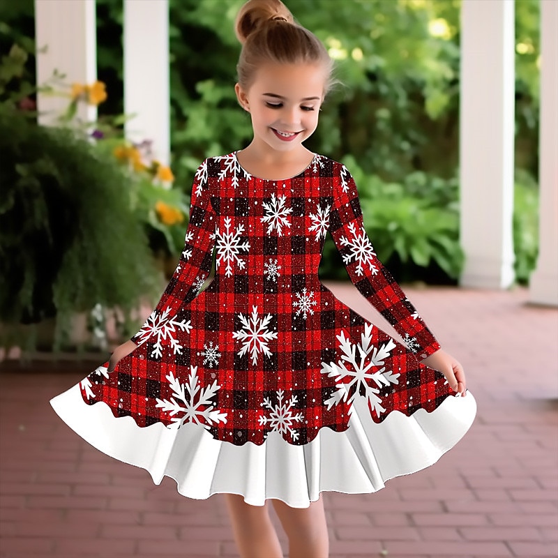 Girls' 3D Plaid Snowflake Dress Long Sleeve 3D Print Fall Winter Vacation Sports & Outdoor Daily Cute Casual Beautiful Kids 3-12 Years Casual Dress A Line Dress Above Knee Regular Fit2