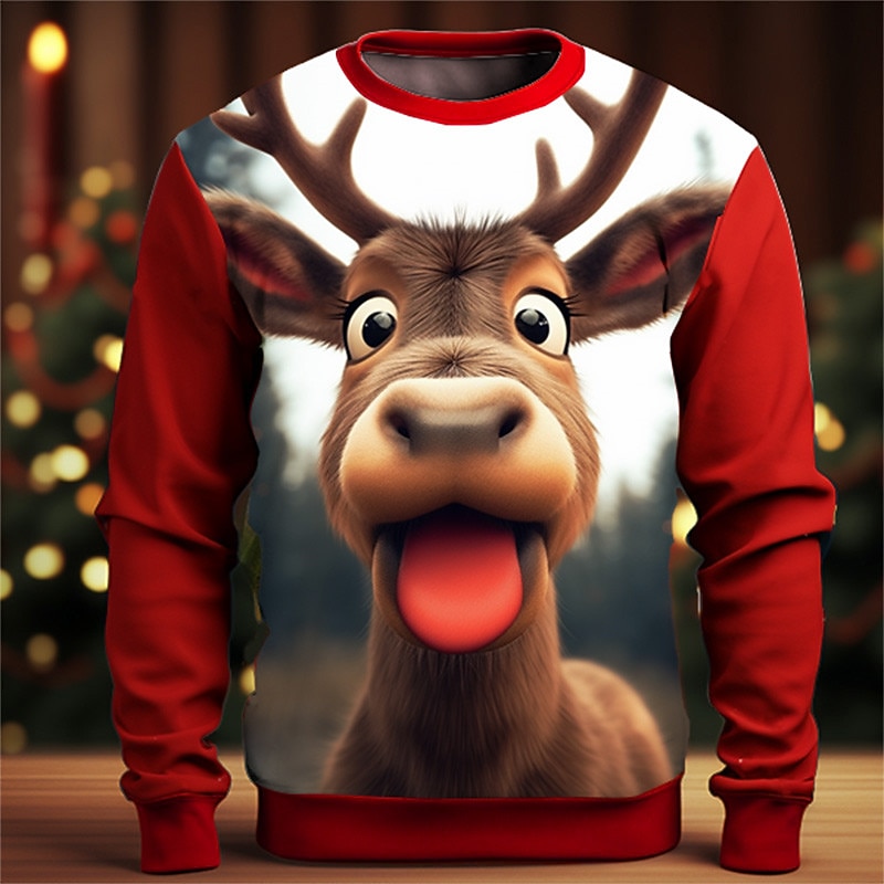 Men's Graphic Elk Moose Christmas Sweatshirts Golf Pullover Sweatshirt Long Sleeve Sweatshirt Crew Neck Fashion Daily Casual 3D Print Vacation Holiday Going out Print Spring &  Fall