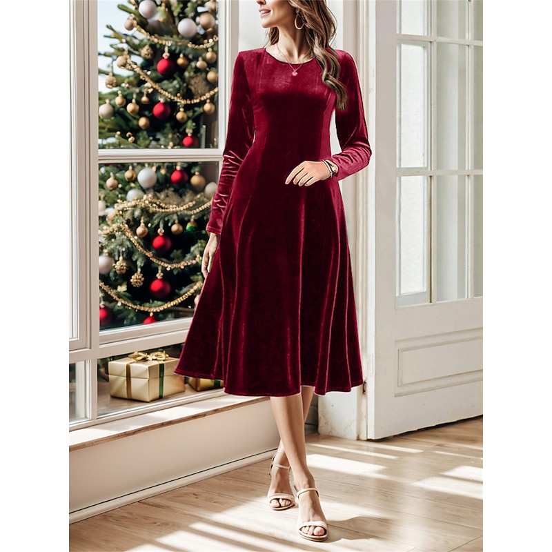 Women's Midi Dress Long Sleeve Velvet Burgundy Elegant Evening Flared Winter Autumn Semi-Formal Regular Fit Clothing Apparel2