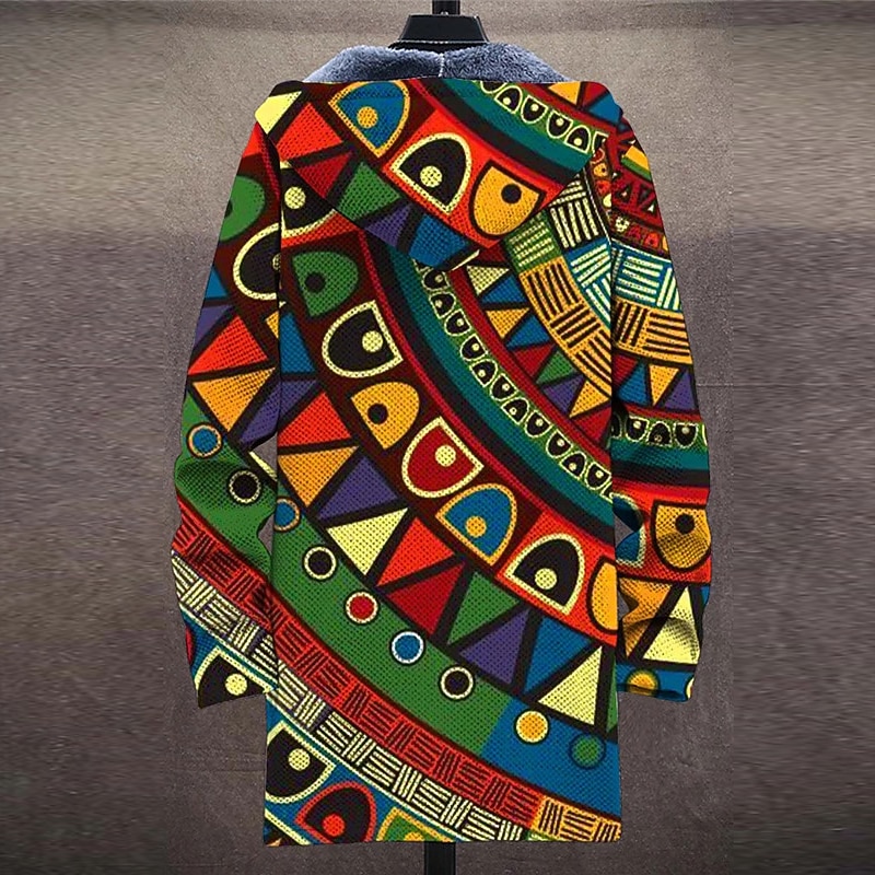 Men's Winter Coat Fleece Jacket Coat Thermal Warm Vintage Tribal Daily Wear Going out Pocket Print Fall & Winter Hooded Long Sleeve Green2