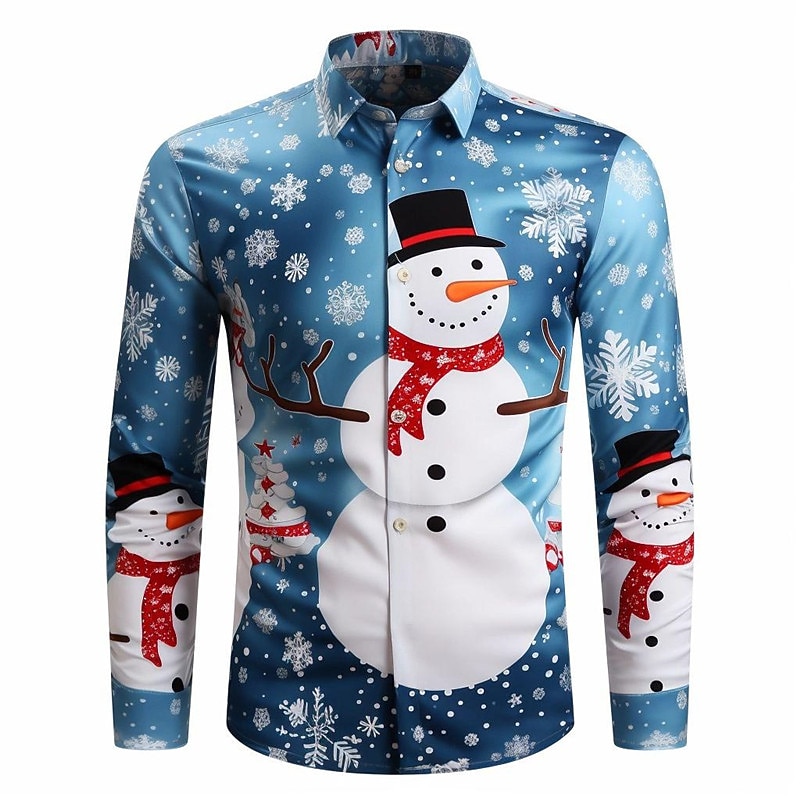 Christmas Men's Christmas Scene Printed Shirts Snowman Casual Long Sleeve Daily Wear Going out Fall & Winter Turndown Print Button-Down Black Pink Dark Navy Royal Blue 4-Way Stretch Fabric4