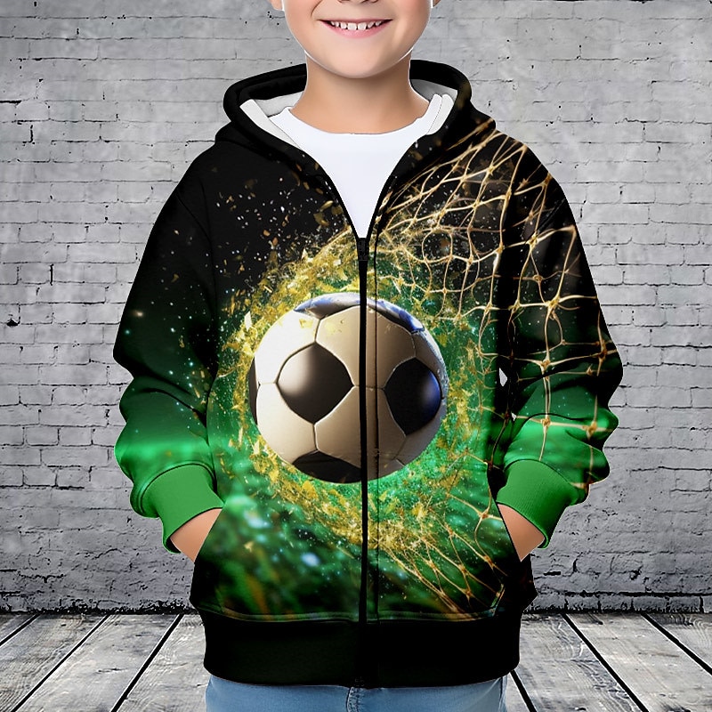 Boys 3D Football Hoodie Coat Outerwear Long Sleeve 3D Print Fall Winter Fashion Streetwear Cool Polyester Kids 3-12 Years Outdoor Casual Daily Regular Fit
